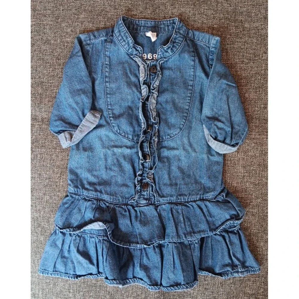 Baby Gap Dress 2T Blue Denim 3/4 Sleeve Ruffles